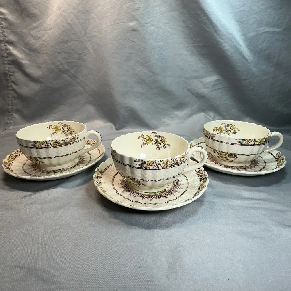 Spode Buttercup Teacup Saucer Set‎ Copeland England Scalloped Floral Old Mark